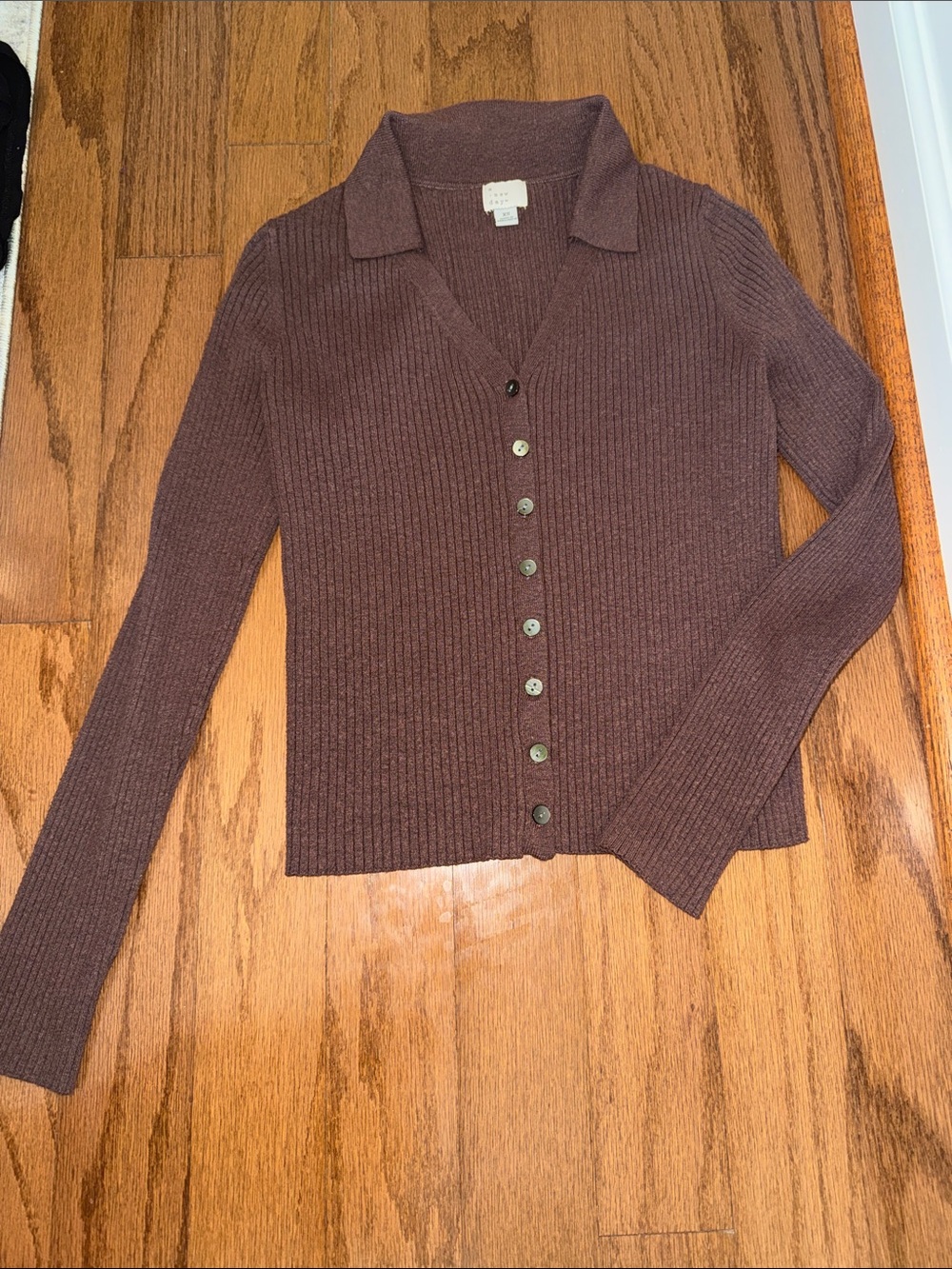 Fall Preppy Collared Button-Front Ribbed Stretch Sweater - Brown